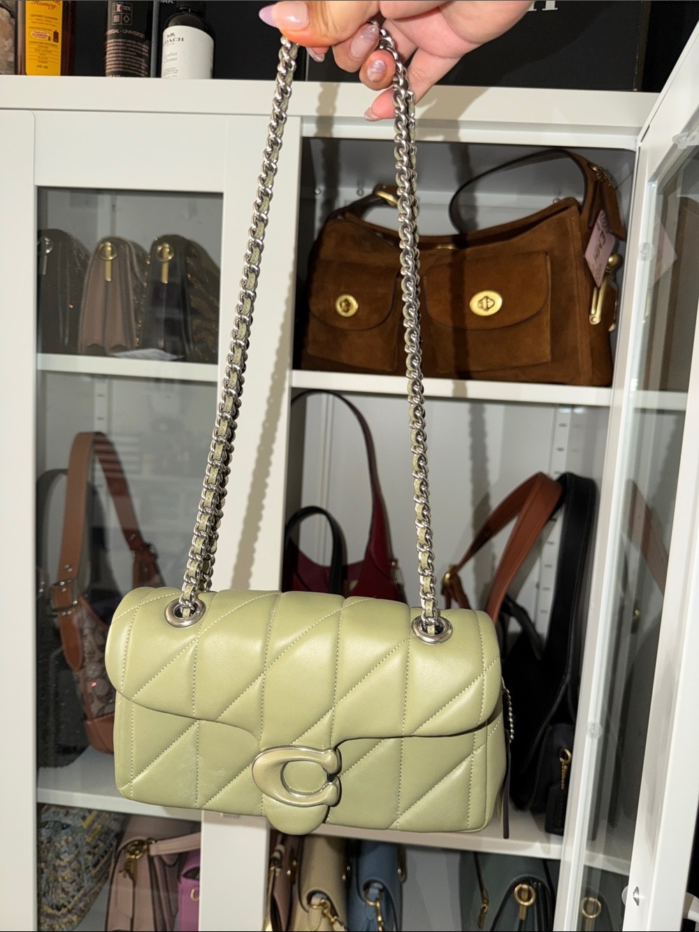 Leather Quilted Shoulder Bag in Light Green